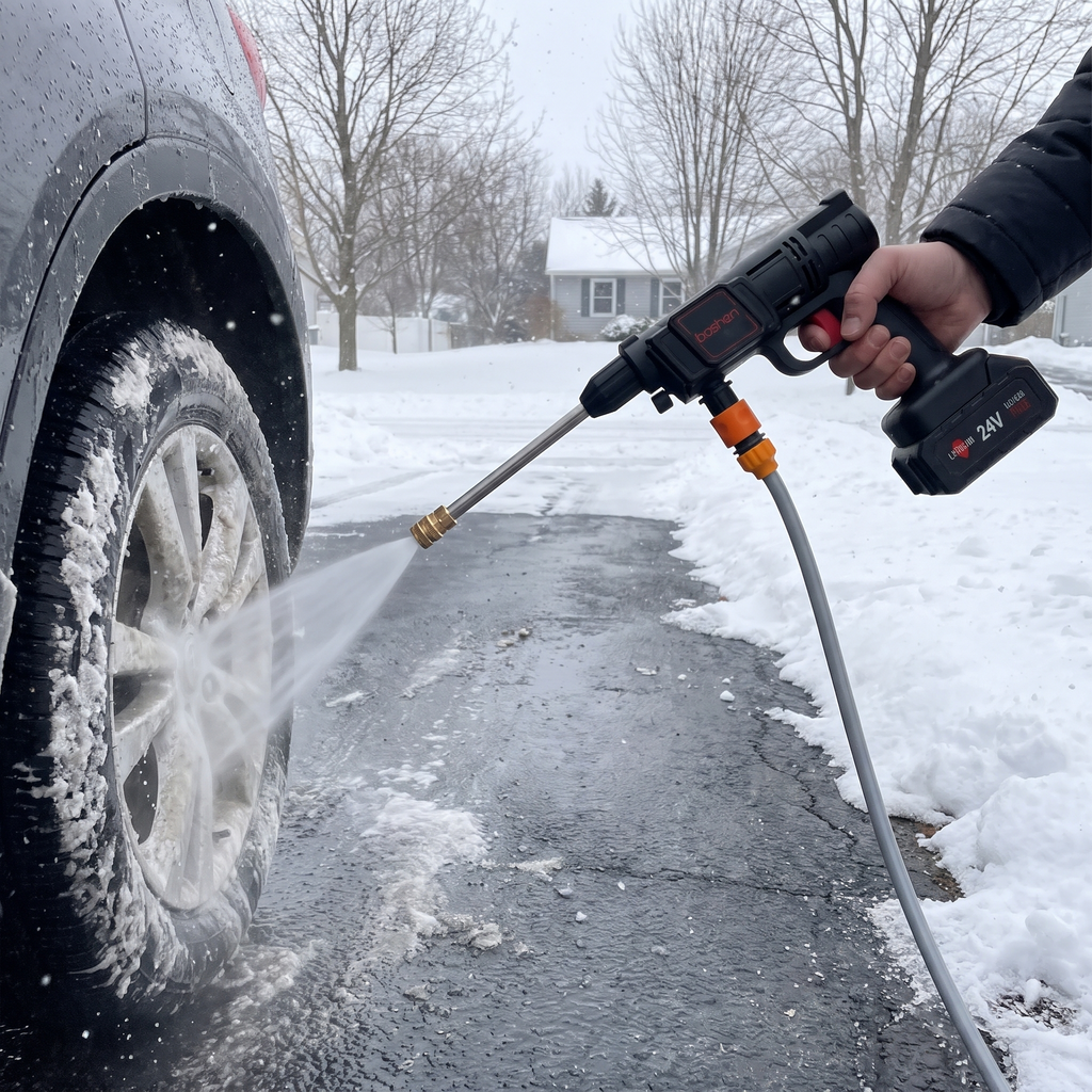 Rinsing road salt off a car wheel with the TorqueWash cordless pressure washer