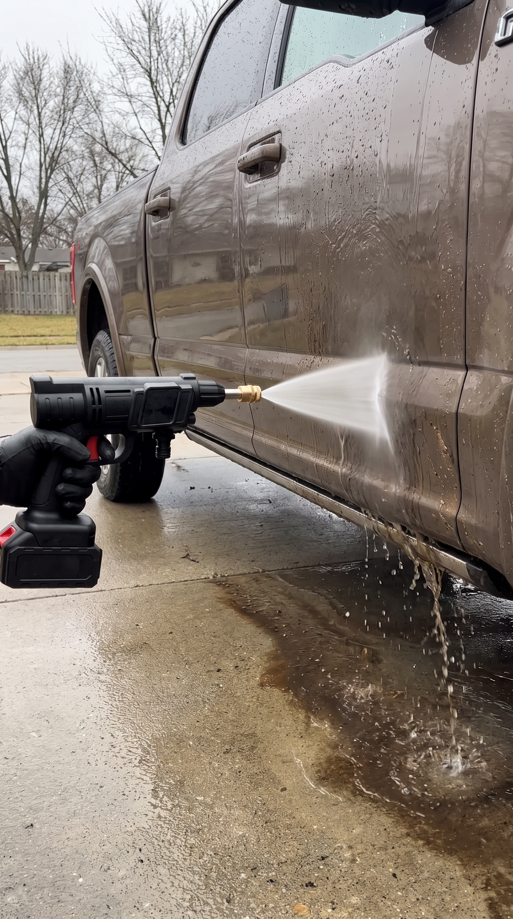 TorqueWash washing the side of a car in the driveway