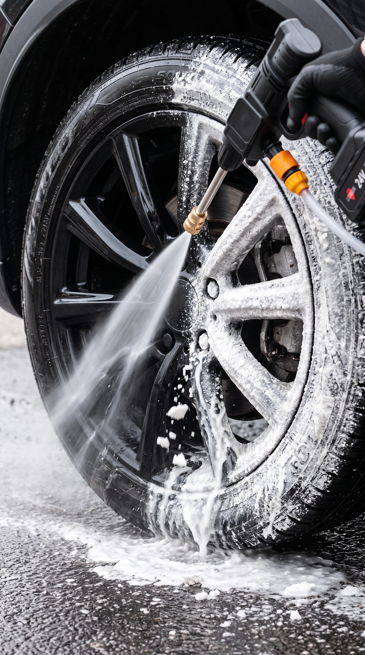 TorqueWash cleaning a car wheel and tire