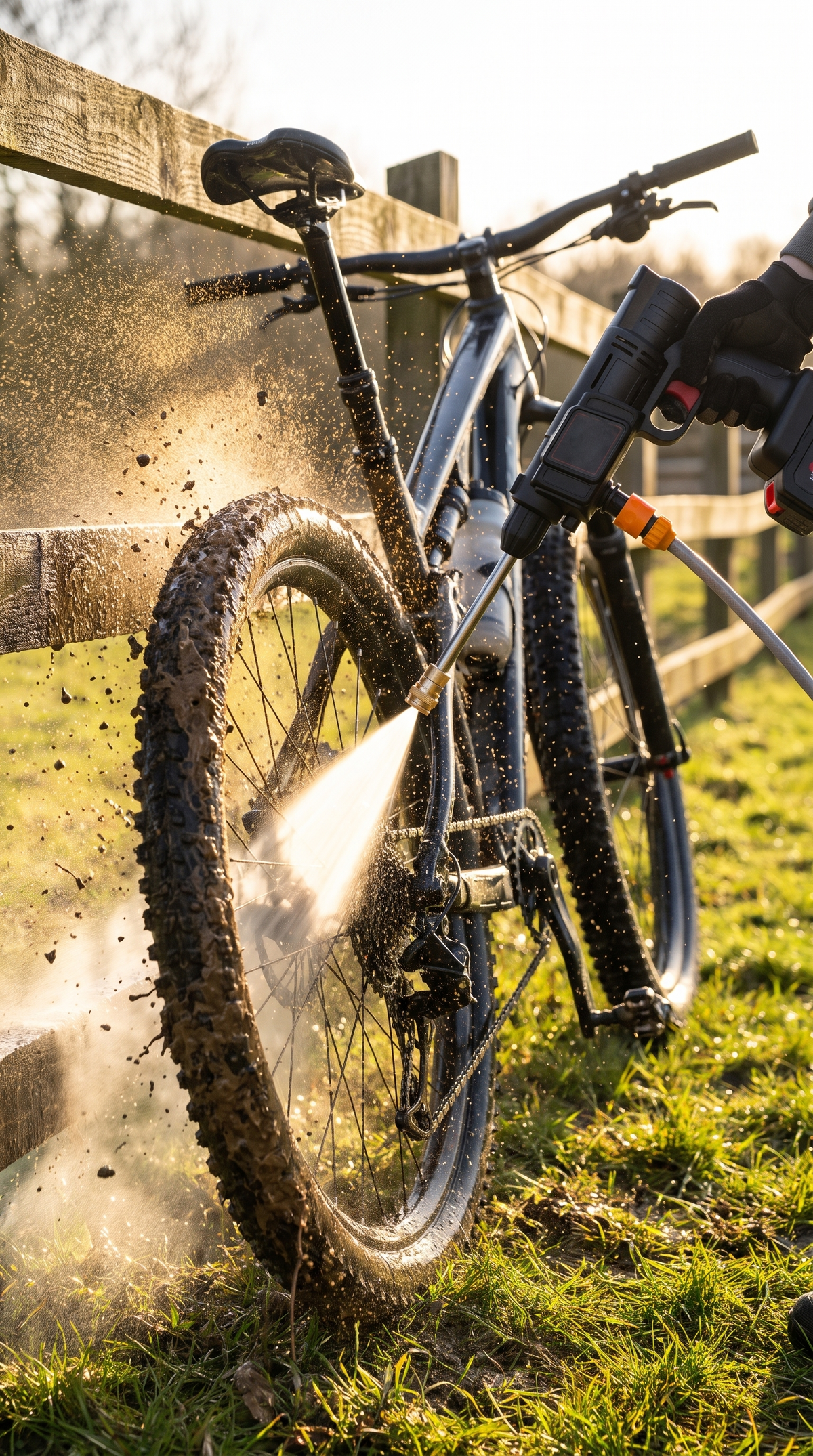 TorqueWash rinsing a muddy mountain bike